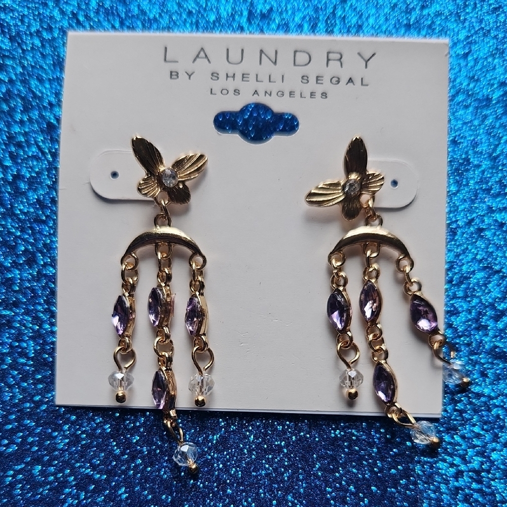 Laundry By Shelli Segal Gold Butterfly Dangle Earrings with Purple Accents